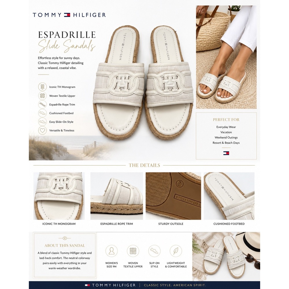 Tommy Hilfiger Womens Cream White Monogram Espadrille Slide Sandals Flat Summer